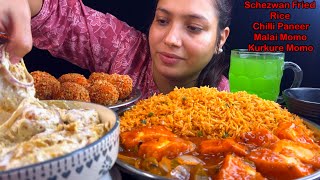 Eating Spicy🔥 Schezwan Fried Rice, Chilli Paneer Gravy, Malai Momo, Kurkure Momo | Indo Chinese Food