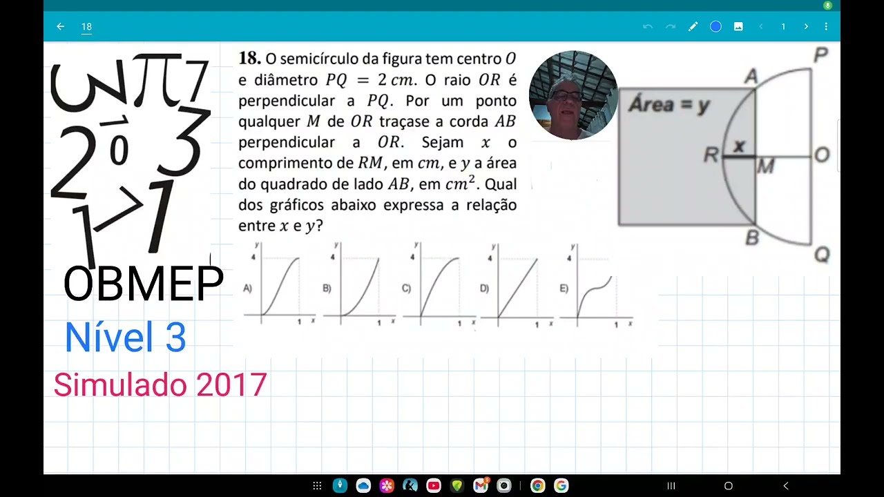 OBMEP 2017 , O semicírculo da figura tem centro 𝑂 e diâmetro 𝑃𝑄 = 2 𝑐𝑚. O raio 𝑂𝑅 é
