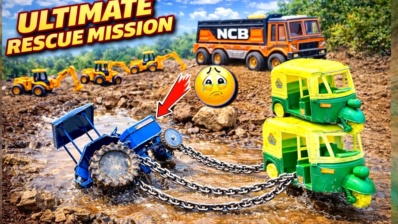 JCB Tractor Cartoon Video | Heavy Deep Mud Accident & Rickshaw Rescue Mission