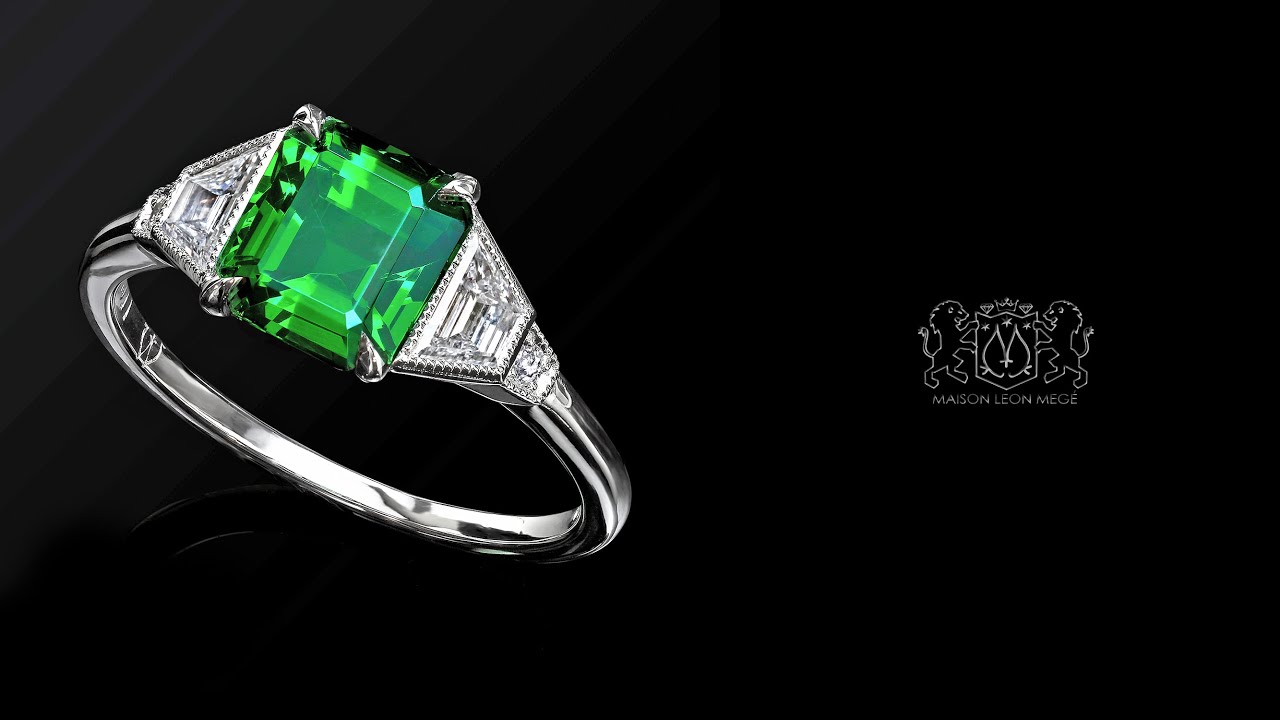 Leon Megé cute five-stone ring with a square emerald-cut tsavorite and ...