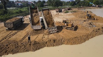 Nice Showing New Project LandFilling Up, Talented Skill  Dozer Pushing Soil and Truck Unloading Soil