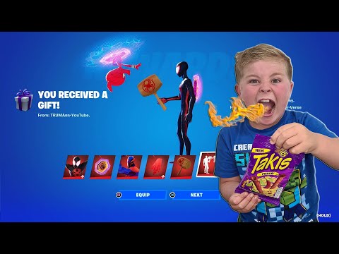GIFTING My 7 Year Old Kid MILES MORALES Fortnite Bundle Only if He Eats Bag Of Spicy Takis Challenge
