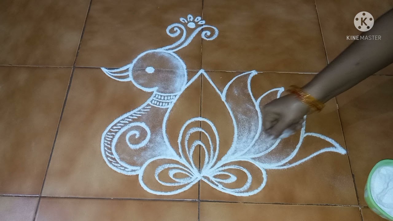 peacock rangoli design/3*3 dots rangoli/mayil kolam with lotus/rangoli ideas for beginners