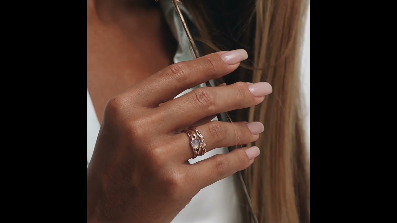 14K Gold Moonstone Ring Set "Louise" - Wedding Rings Set by BlackTreeLab