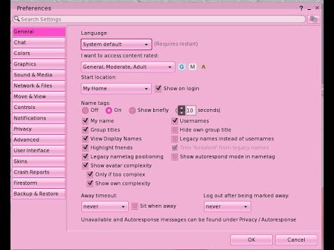 SECOND LIFE PREFERENCE SETTINGS