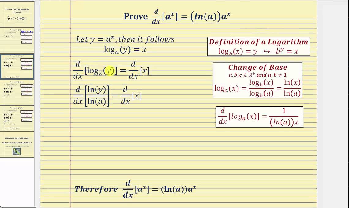 Proof The Derivative Of F X A X D Dx A X Ln A A X Using Logs Youtube