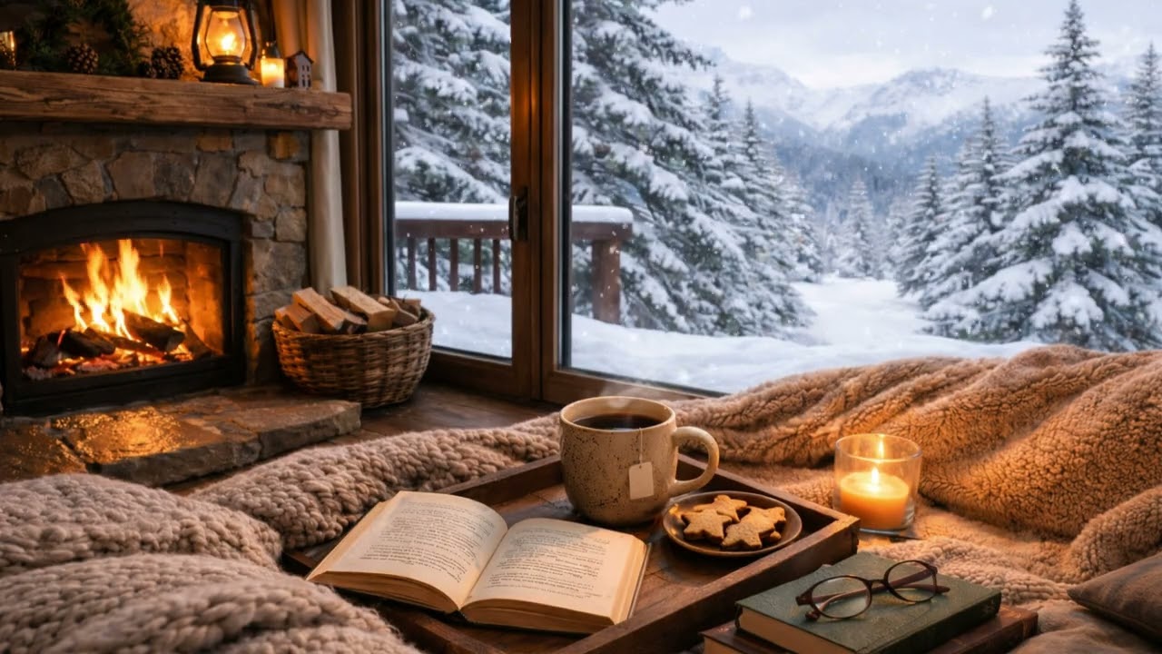 Cozy Vibes ❄️ Cozy Cabin Fireplace & Mountain View Snow, Winter, Ambience | 6 Hours (4K)
