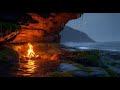 12 Hours of Rainy Coastal Cave Ambience for Deep Sleep | Ocean Waves Echoing Inside