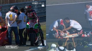 Scott Redding dislocates Marc Márquez's shoulder when celebrating with the Champ! Huge sports fail!