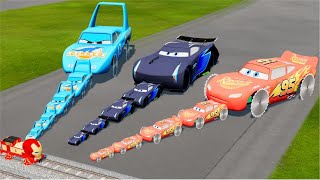 Flatbed Trailer Tractor Mixer Truck vs Rails - Cars vs Speed Bumps - BeamNG.Drive