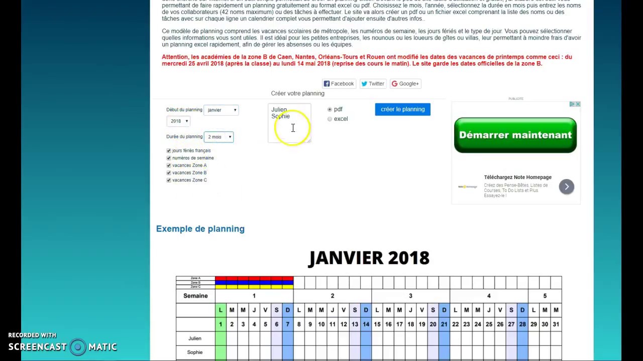 Calendrier mensuel en 3 clics (format excel, jpg, pdf)