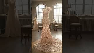 Vid&eacute;o pr&eacute;sentant le travail couture sur dentelle perl&eacute;e haute couture rose saumon&eacute; lumineux et sa projection en robe
