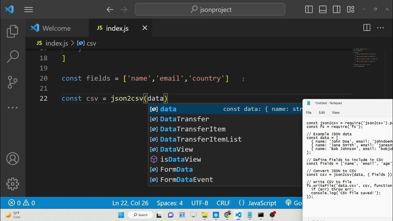 Node.js Project to Convert JSON Objects to CSV File Using json2csv ...