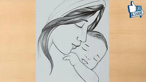 mostly simple pencil drawing of Mother and baby drawing || motherdaysdrawing