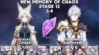 New MoC v3.4 | E0S1 Feixiao x Cipher &amp; E0S1 Phainon True Damage | Stage 12 - 3⭐| Honkai Star Rail