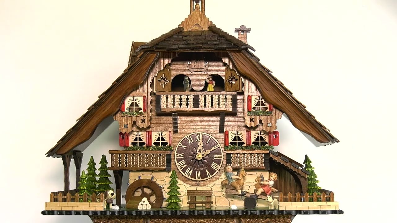 Horloge coucou à mélodie en bois fleurs colorées et danseurs 23 cm