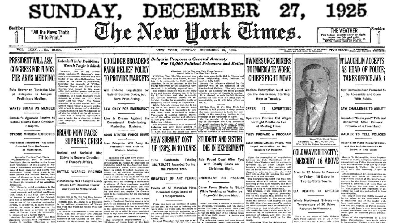 December 27, 1925 — Bitter Cold, Arms Talks Planned, Farm Relief ...