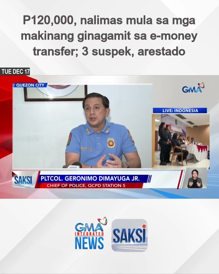 P120,000, nalimas mula sa mga makinang ginagamit sa e-money transfer; 3 suspek, arestado | Saksi