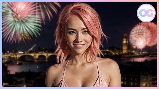 💗 4K Ai Art Lookbook Model, London, New Year Fireworks, Big Ben, Uk- 010 💗 Octavia Gems