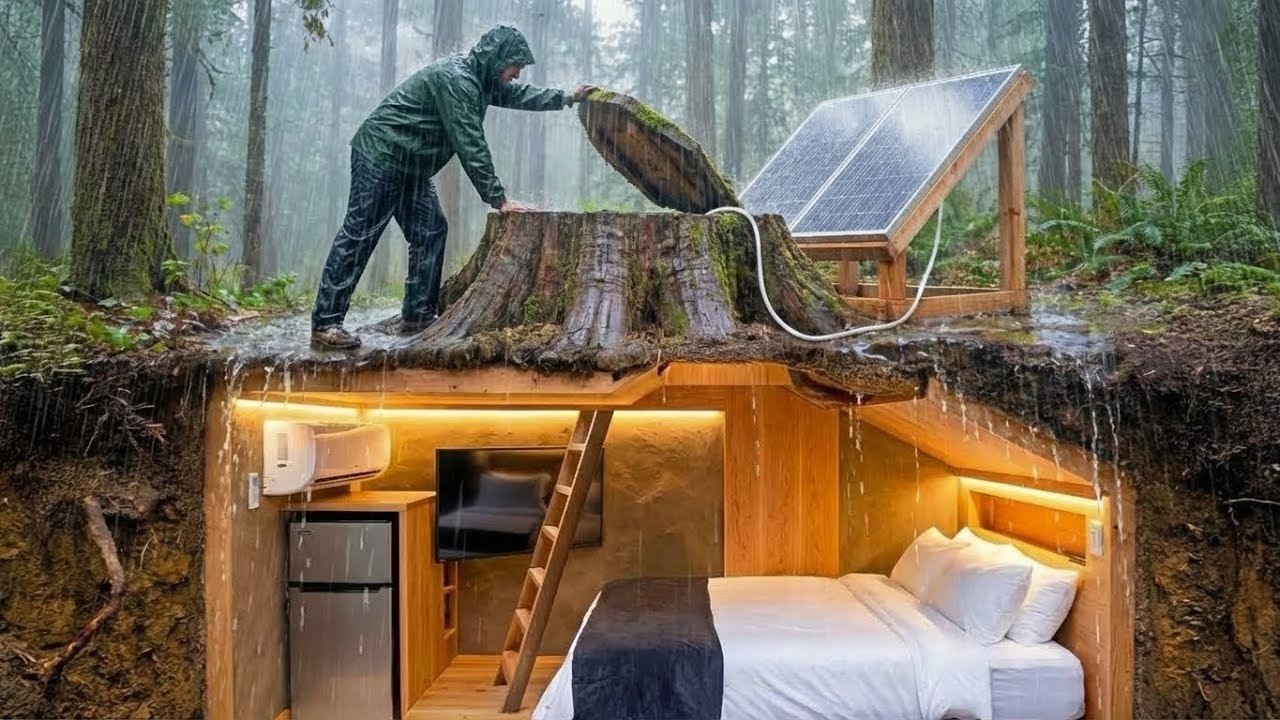 Building a house Before Heavy Rain (ASMR) - I built a modern mini basement house all by myself!