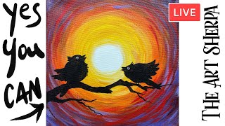 Easy Cute Birds Sunset 🌟🎨 How to Draw and  paint acrylics for beginners: Paint Night at Home