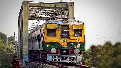 Old Conventional beautiful EMU Local Train Speedily Crossing a Rail Bridge | Eastern Railways
