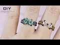 Beaded bow ring with bugle and seed beads. Beaded rings diy