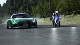 Yamaha YZF R1 2008 vs Mercedes-Benz AMG GT-R Tuned vs Aston Martin Victor at Old Spa