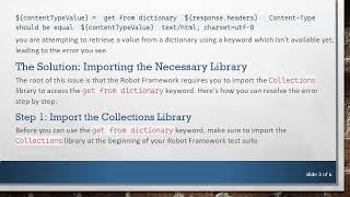 Solving the No keyword with name 'get from dictionary' found Error in Robot Framework