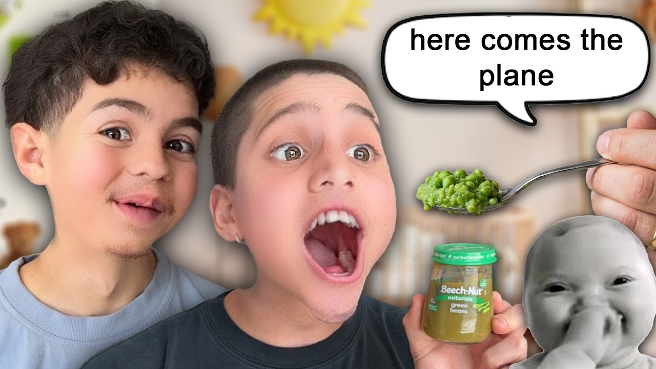 Двое взрослых мужчин пробуют детское питание