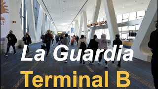 New York LGA La Guardia Airport Terminal B - Departures walk through &amp; apron views