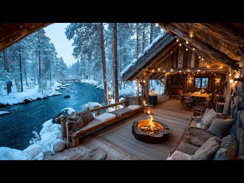 Cozy Winter Snowfall On A Riverside Porch With Campfire Peaceful Nature Sounds 
