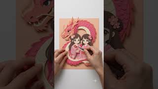 ASMR Satisfying paper craft anime scene adorable girls and a pink dragon #asmr #paperart #crafting