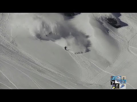 Snowboarding and skis  Running from an avalanche