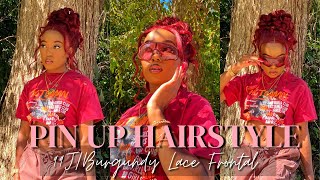 TRENDY UPDO PIN UP HAIRSTYLE ON PERFECT FALL 99J/BURGUNDY LACE FRONTAL WIG🍁🍂🍷 | ft. Hermosa Hair