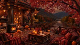 Pumpkin-Lit Lakeside Porch Ambience 🎃 | Soft Fall Jazz Music & Fireplace Glow for a Peaceful Night screenshot 1