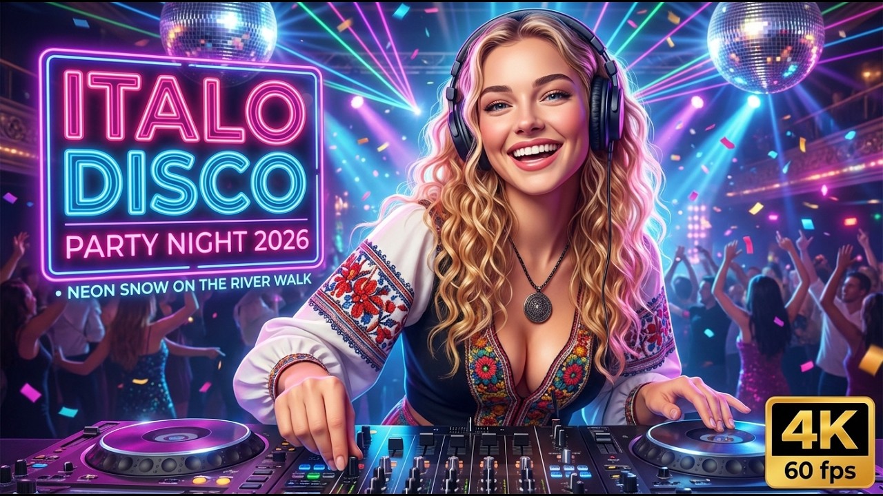 Italo Disco Party Night 2026 • Neon Snow on the River Walk | 80s Euro Disco Nonstop Mix (4K) ❄️✨
