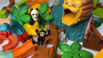 Satisfying Building Blocks Marble Run ASMR block coaster Jungle lion tunnel and funny animals course