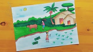 رسم قريتي || رسم ريفي || رسم منظر ريفي || رسم منظر طبيعي || rustic drawing