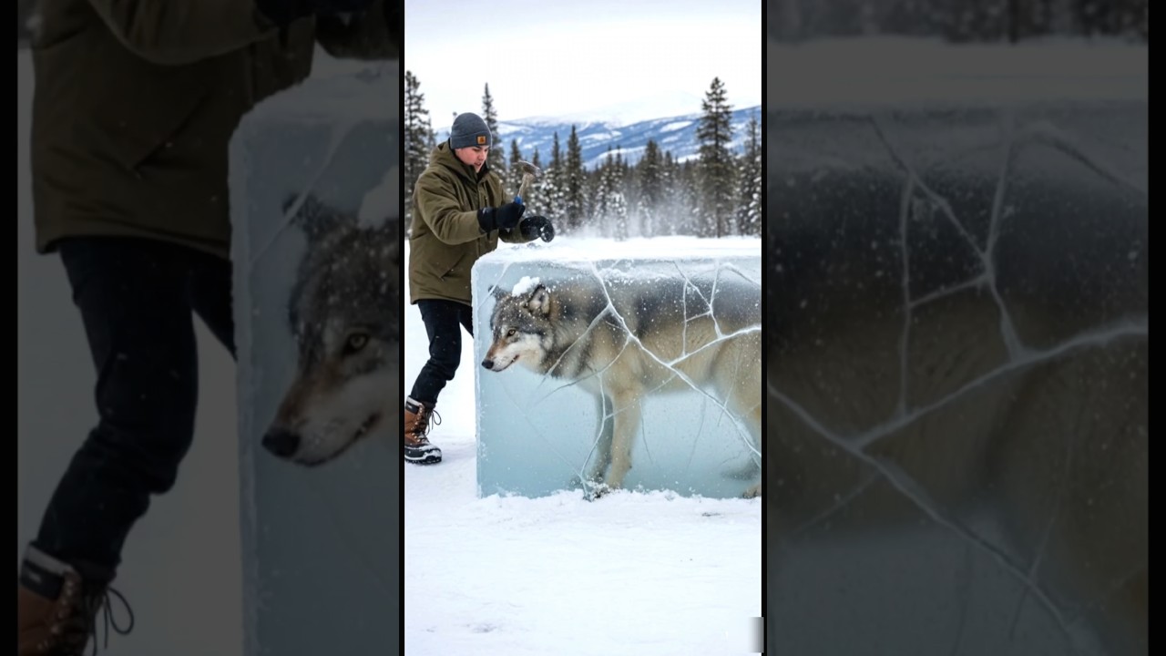 Frozen wolf  Saved Just in Time 🐺❄️ 