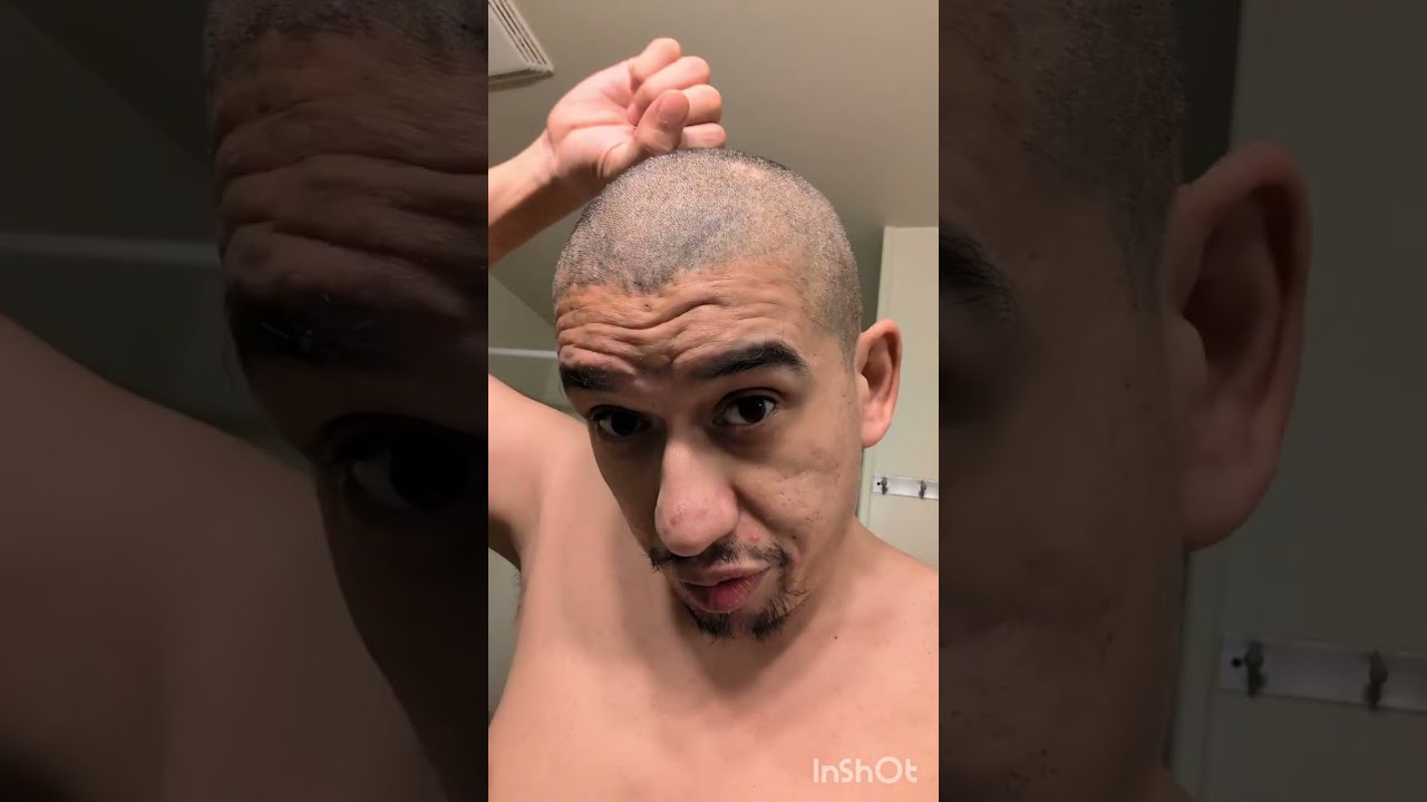 Shaved head ready for bed.