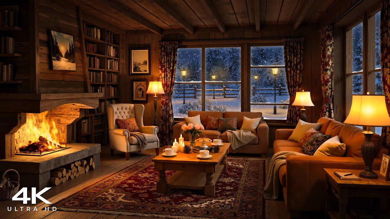 Peaceful Winter Cabin Ambience ❄️ Relaxing Jazz, Crackling Fireplace & Snowfall for Stress Relief