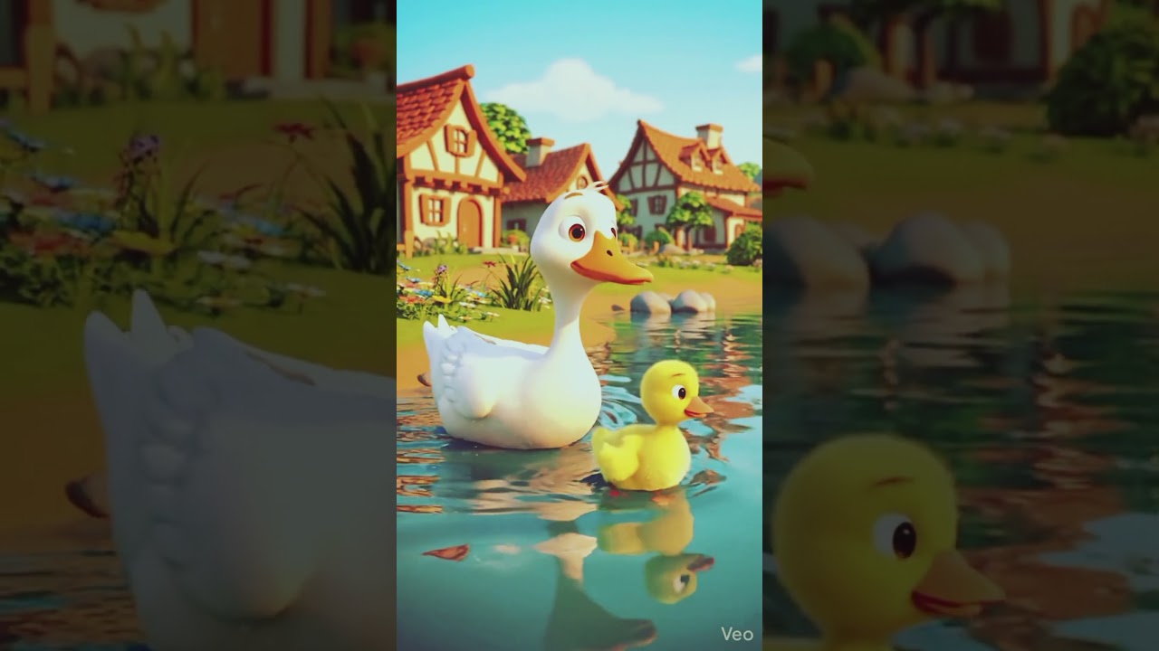 A village dog enters the scene, surprised expression, duckling scared and trembling, dramatic camer