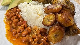 Weeknight Puerto Rican Dinner | long grain rice, pinto beans w/ tocino, maduros, & chicken