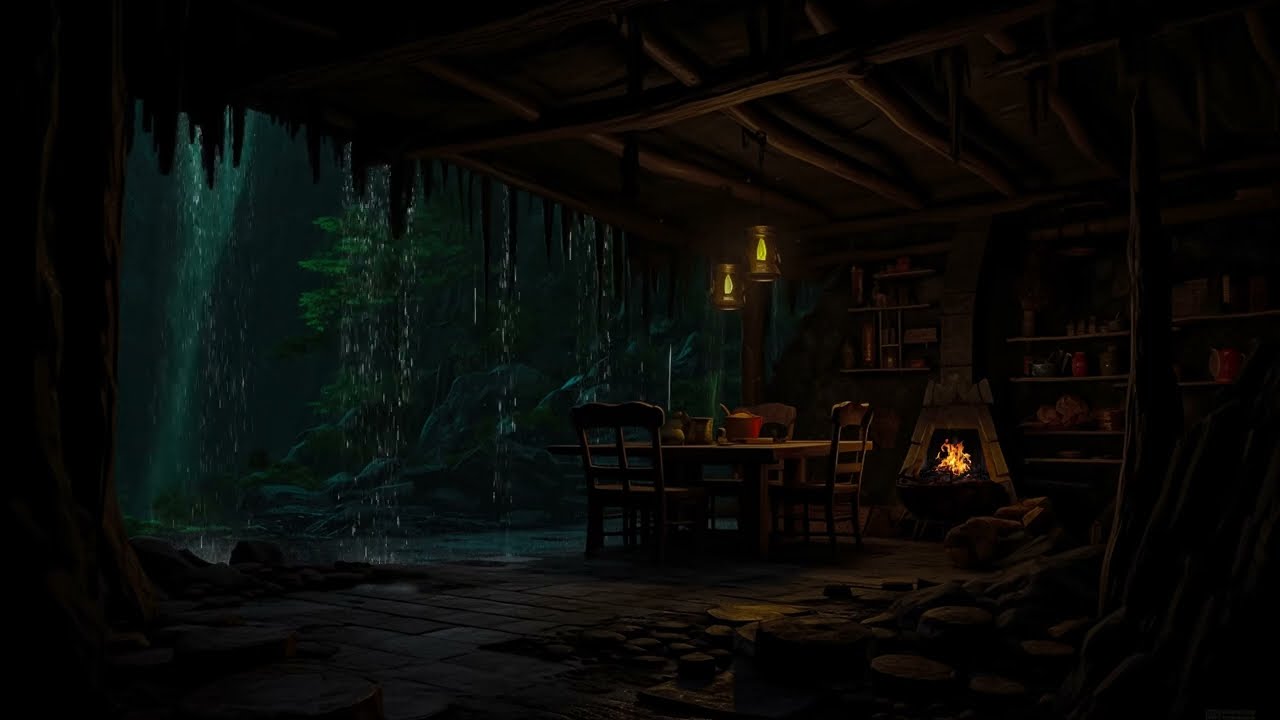 Abrigo Da Forte Tempestade Noturna Na Floresta Com Fogueira Aconchegante Sob Uma Caverna Quente 🔥💤💤