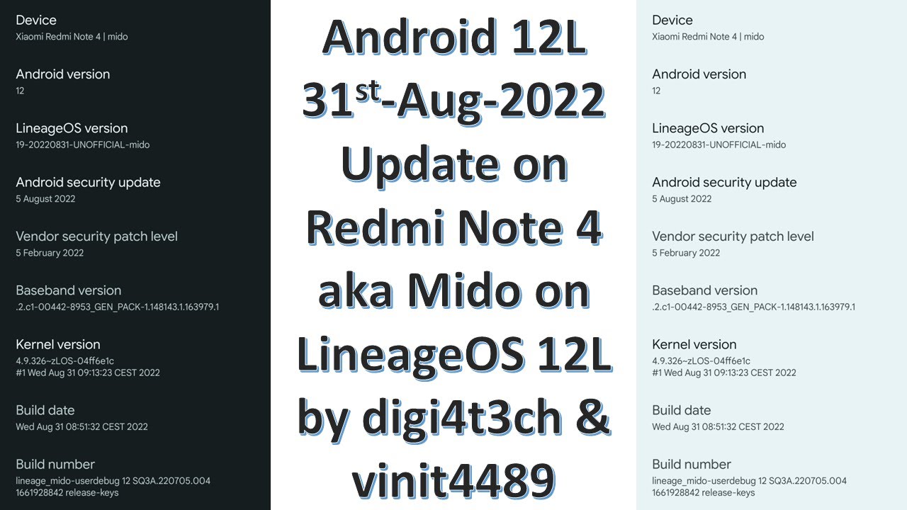 Android 12L 31st-Aug-2022 Update on Redmi Note 4 aka Mido on LineageOS 12L by digi4t3ch & vinit4489