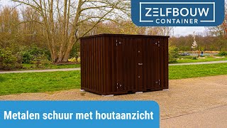 Metalen Schuur Met Houtaanzicht Voor In De Tuin. Zelfbouwcontainer