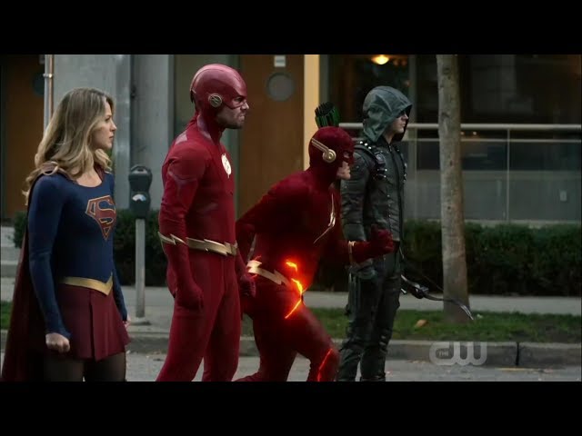 Barry from Earth 90, Oliver, Kara and Barry meet the Monitor | Elseworlds Part 2 Ending class=