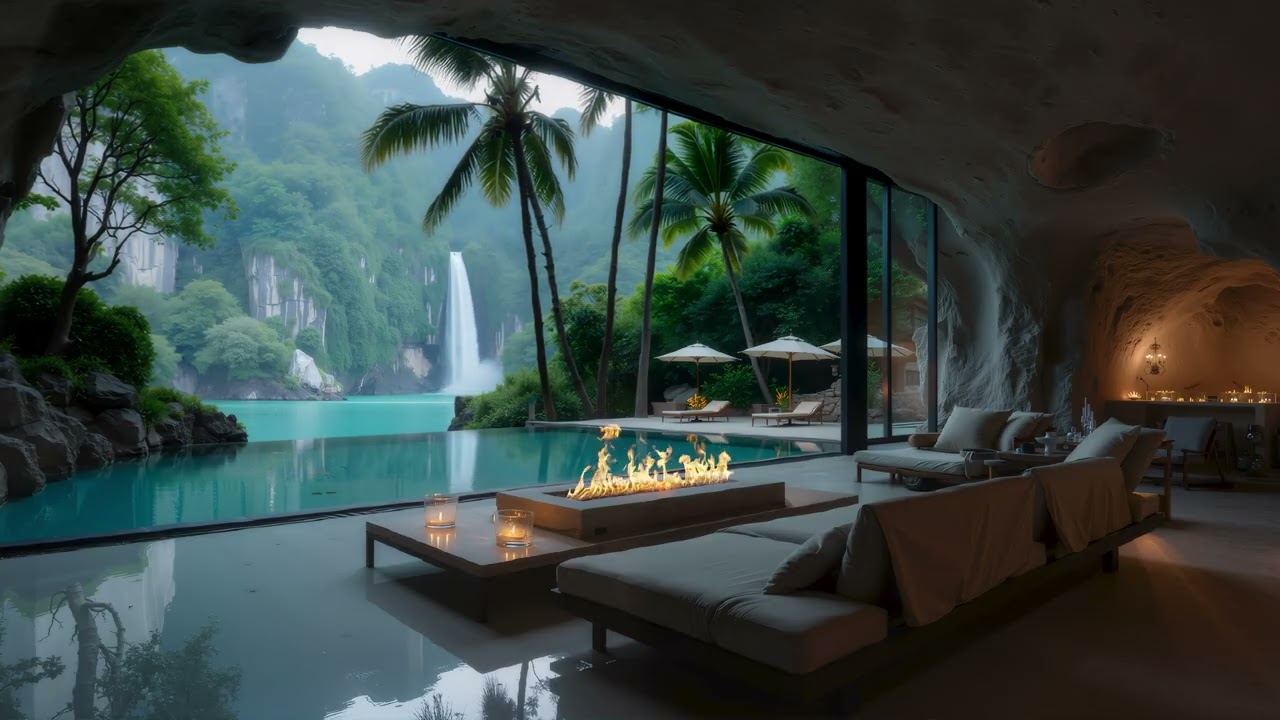 Tranquil Outdoor Coffee Jazz in the Forest Waterfall - Smooth Jazz & Nature Ambience for Relaxation