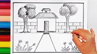 Housedrawing easy||Simple scenery drawing for beginners|ghar drawing